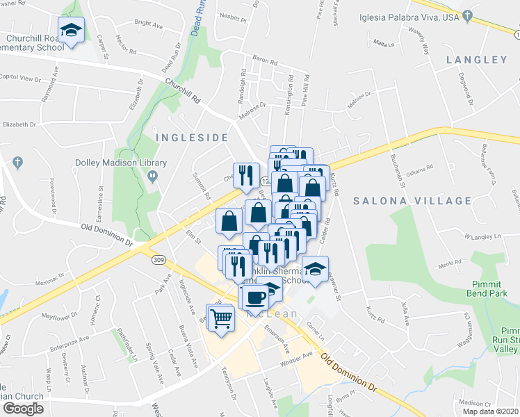 map of restaurants, bars, coffee shops, grocery stores, and more near 6800 Fleetwood Road in McLean