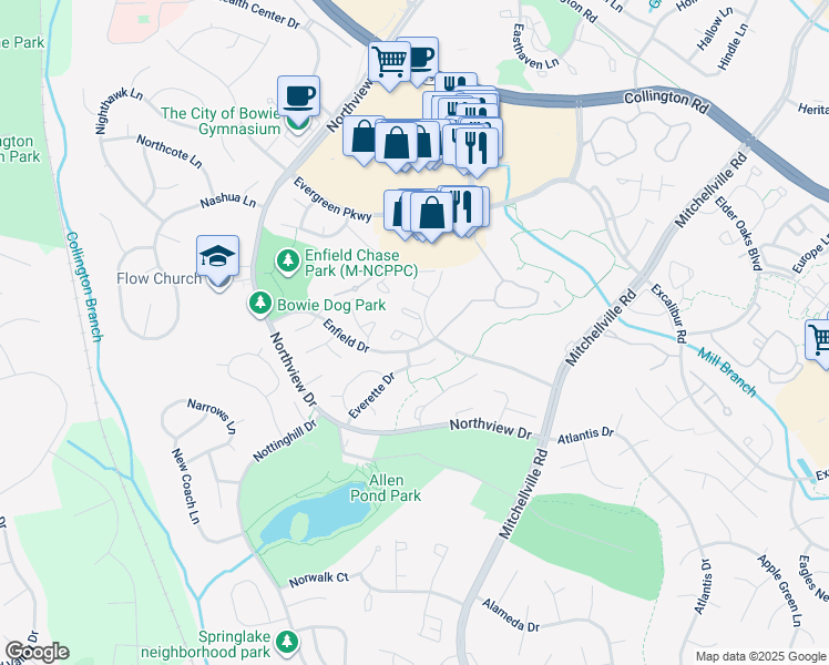 map of restaurants, bars, coffee shops, grocery stores, and more near 3539 Emperor Court in Bowie