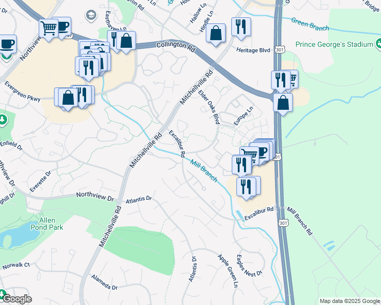 map of restaurants, bars, coffee shops, grocery stores, and more near 3645 Elder Oaks Blvd in Bowie