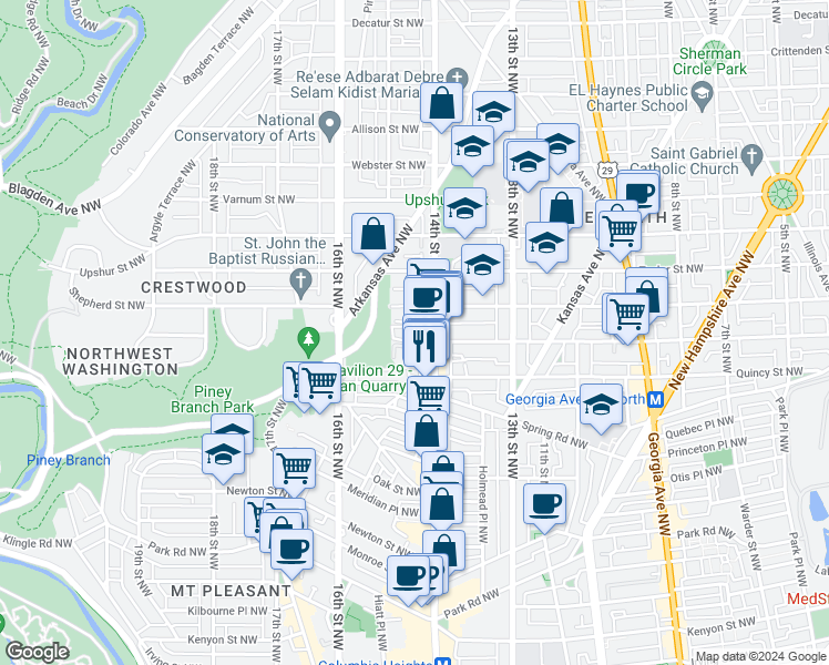 map of restaurants, bars, coffee shops, grocery stores, and more near 3900 14th Street Northwest in Washington