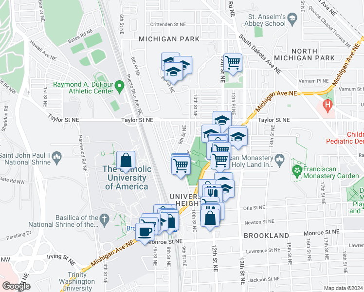 map of restaurants, bars, coffee shops, grocery stores, and more near 3931 9th Street Northeast in Washington