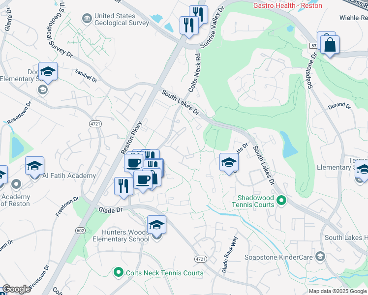 map of restaurants, bars, coffee shops, grocery stores, and more near 11901 Winterthur Lane in Reston