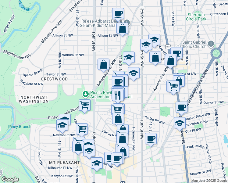 map of restaurants, bars, coffee shops, grocery stores, and more near 3902 14th Street Northwest in Washington