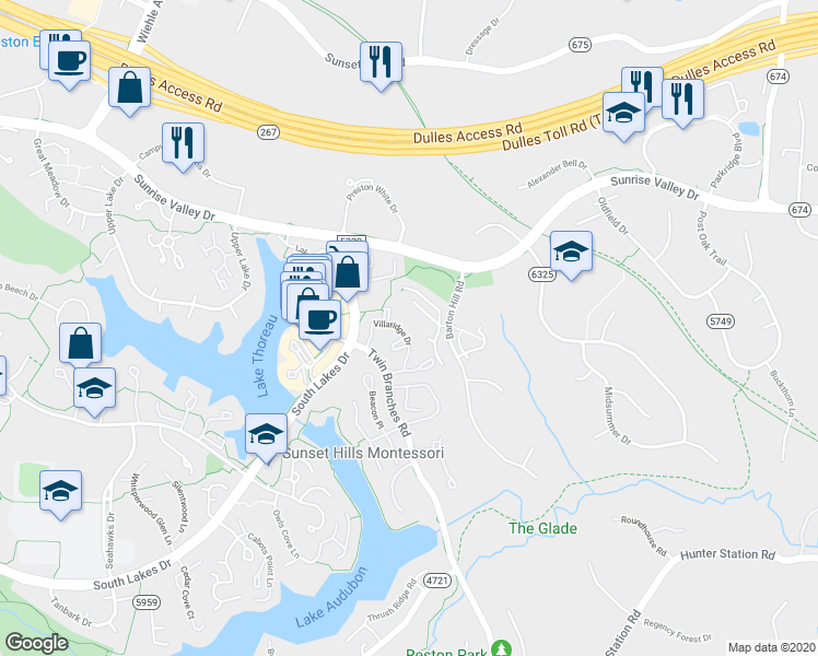 map of restaurants, bars, coffee shops, grocery stores, and more near 1932B Villaridge Drive in Reston