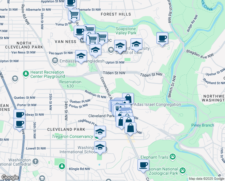 map of restaurants, bars, coffee shops, grocery stores, and more near Melvin C Hazen Trail in Washington