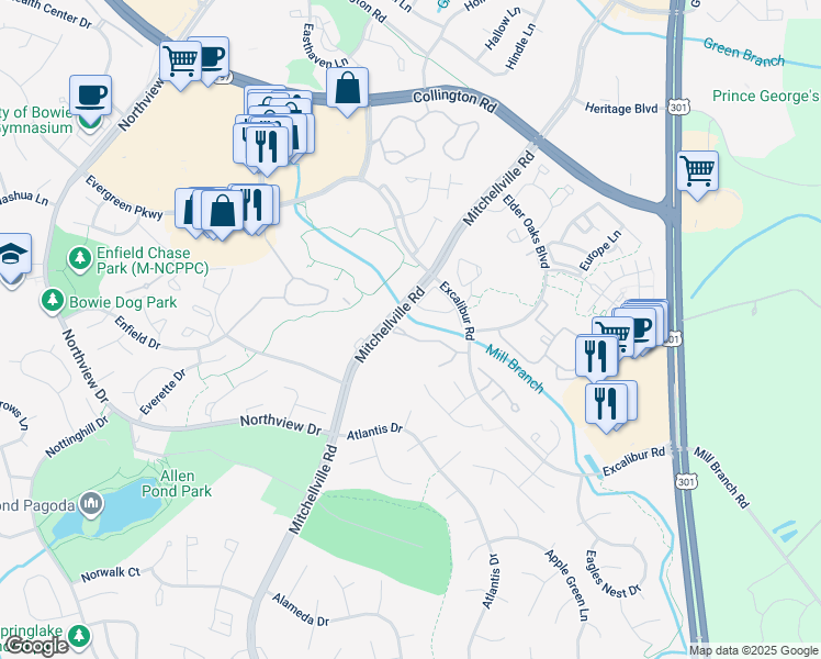 map of restaurants, bars, coffee shops, grocery stores, and more near 16110 Edenwood Drive in Bowie