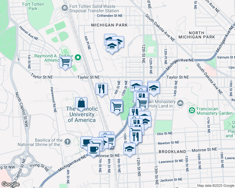 map of restaurants, bars, coffee shops, grocery stores, and more near 3931 9th Street Northeast in Washington