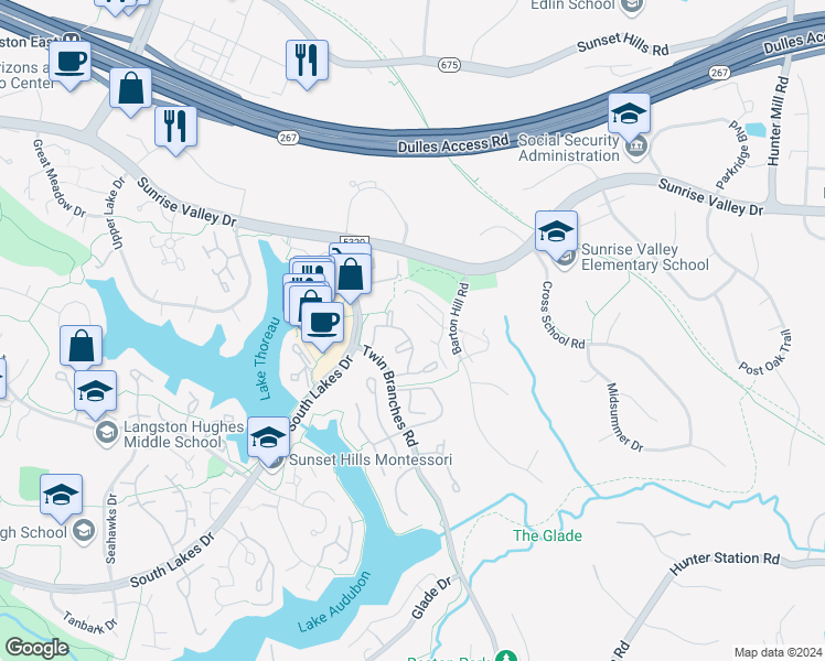 map of restaurants, bars, coffee shops, grocery stores, and more near 1932B Villaridge Drive in Reston