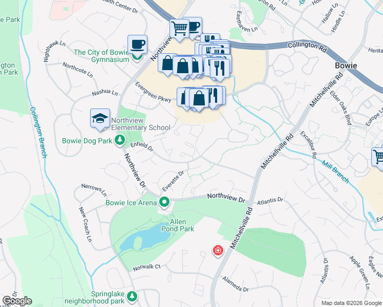 map of restaurants, bars, coffee shops, grocery stores, and more near 3539 Emperor Court in Bowie