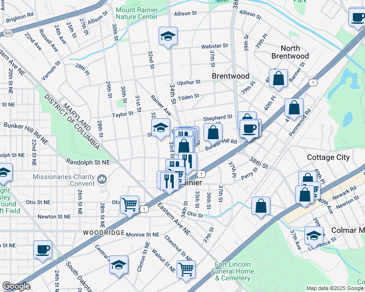 map of restaurants, bars, coffee shops, grocery stores, and more near 4018 34th Street in Mount Rainier