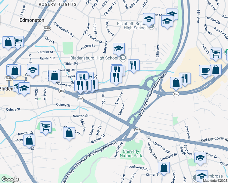 map of restaurants, bars, coffee shops, grocery stores, and more near 5635 Annapolis Road in Bladensburg