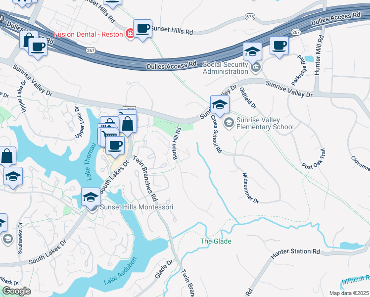 map of restaurants, bars, coffee shops, grocery stores, and more near 10920 Harpers Square Court in Reston