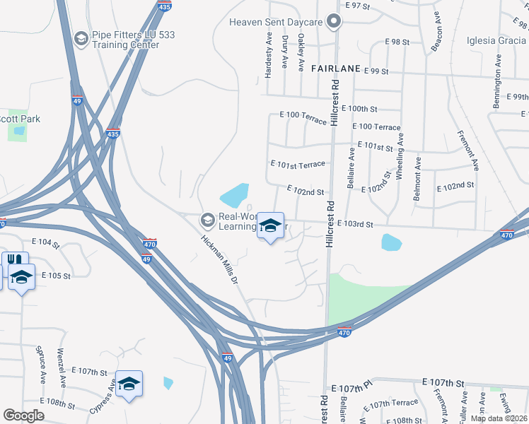 map of restaurants, bars, coffee shops, grocery stores, and more near 5317 East 103rd Street in Kansas City