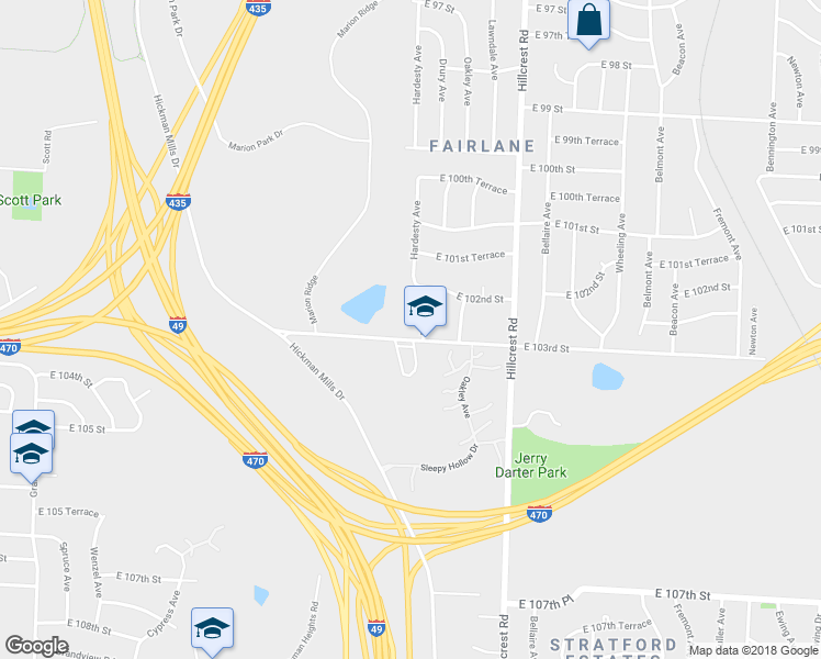 map of restaurants, bars, coffee shops, grocery stores, and more near 5520 East 103rd Street in Kansas City