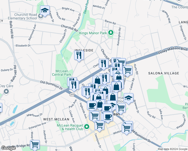 map of restaurants, bars, coffee shops, grocery stores, and more near 1321 Lawson Lane in McLean