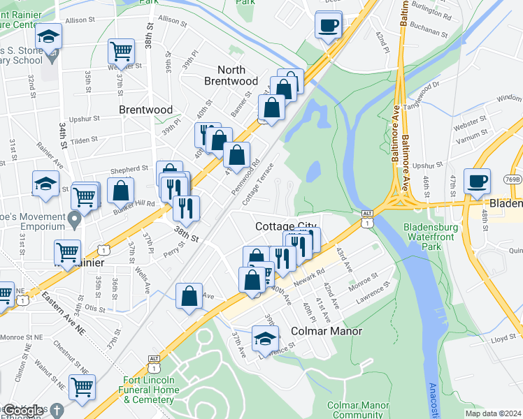 map of restaurants, bars, coffee shops, grocery stores, and more near 4012 Bunker Hill Road in Brentwood
