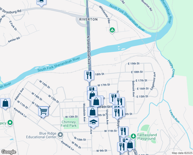 map of restaurants, bars, coffee shops, grocery stores, and more near 128 West 18th Street in Front Royal