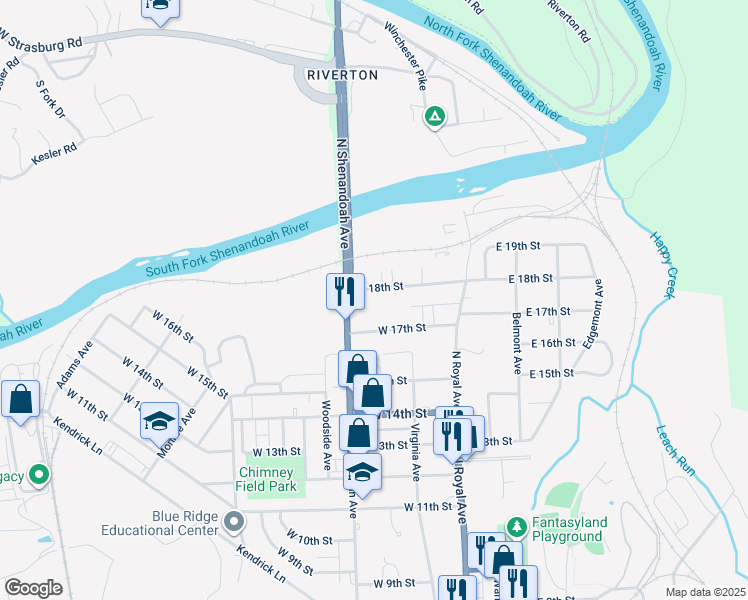 map of restaurants, bars, coffee shops, grocery stores, and more near 128 West 18th Street in Front Royal