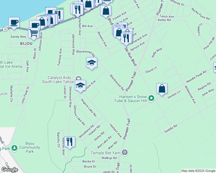 map of restaurants, bars, coffee shops, grocery stores, and more near 1317 Peninsula Road in South Lake Tahoe