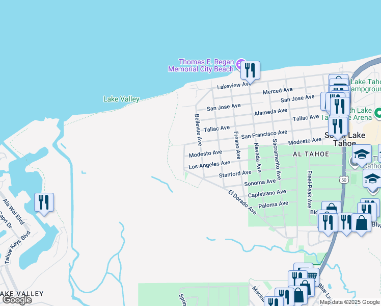map of restaurants, bars, coffee shops, grocery stores, and more near 709 Los Angeles Avenue in South Lake Tahoe