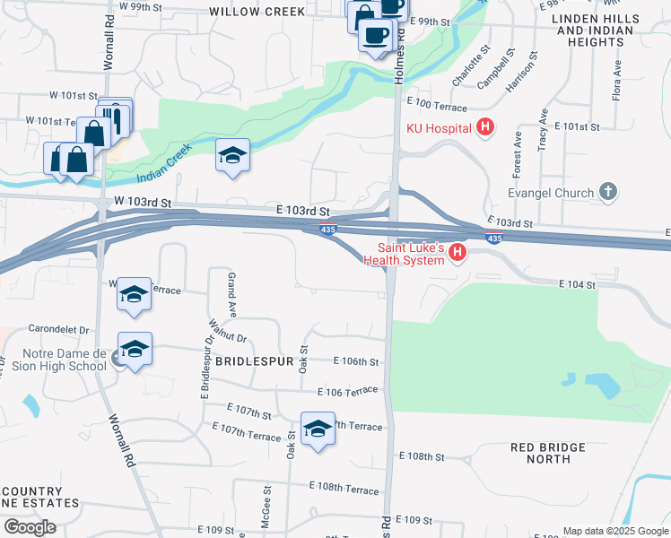 map of restaurants, bars, coffee shops, grocery stores, and more near 550 East 105 Street in Kansas City