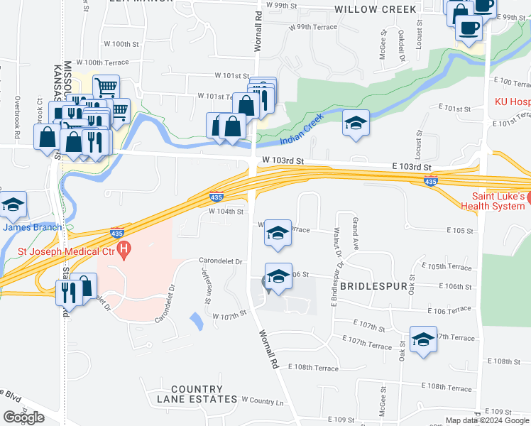 map of restaurants, bars, coffee shops, grocery stores, and more near 326 West 104th Terrace in Kansas City