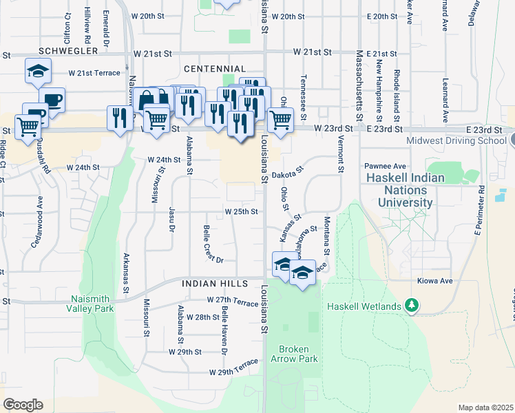 map of restaurants, bars, coffee shops, grocery stores, and more near 615 West 25th Street in Lawrence