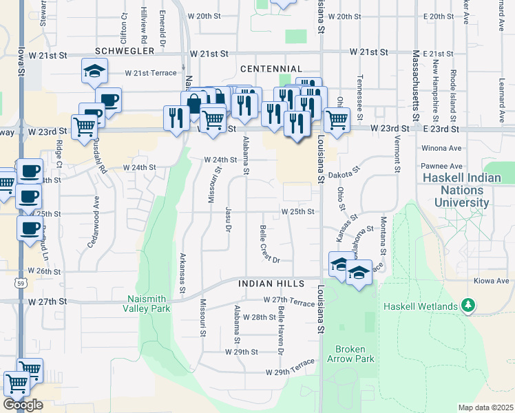 map of restaurants, bars, coffee shops, grocery stores, and more near 803 West 25th Street in Lawrence