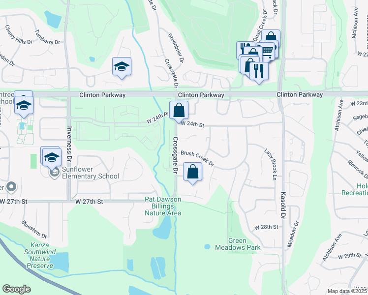 map of restaurants, bars, coffee shops, grocery stores, and more near 3745 Brush Creek Drive in Lawrence