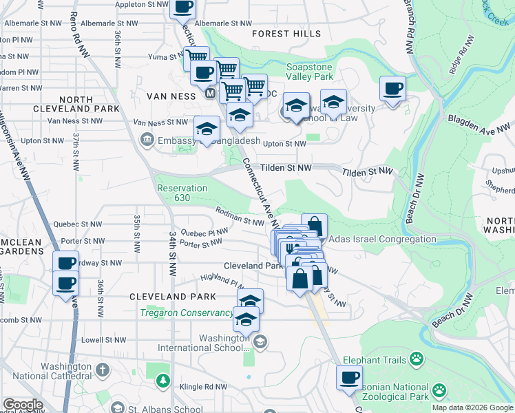 map of restaurants, bars, coffee shops, grocery stores, and more near 3726 Connecticut Avenue Northwest in Washington