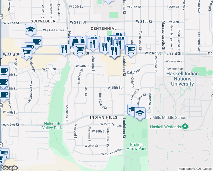 map of restaurants, bars, coffee shops, grocery stores, and more near 703 West 25th Street in Lawrence