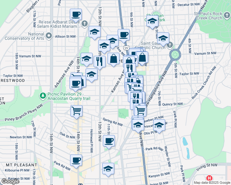 map of restaurants, bars, coffee shops, grocery stores, and more near 3909 Kansas Avenue Northwest in Washington
