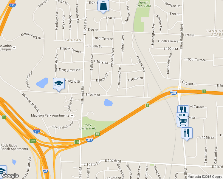 map of restaurants, bars, coffee shops, grocery stores, and more near 10219 Wheeling Avenue in Kansas City