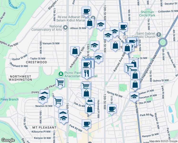 map of restaurants, bars, coffee shops, grocery stores, and more near 3933 14th Street Northwest in Washington