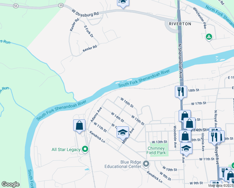 map of restaurants, bars, coffee shops, grocery stores, and more near 1602 Hillcrest Drive in Front Royal