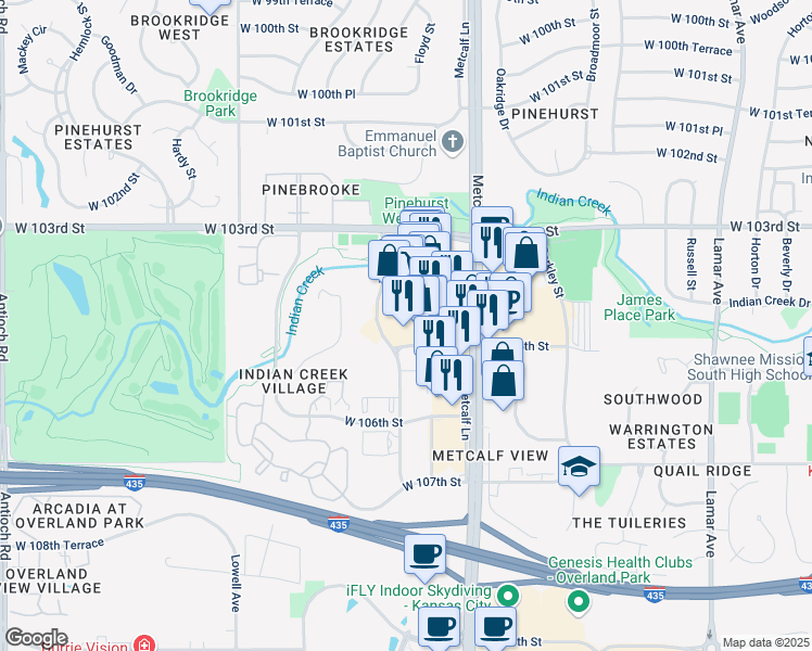 map of restaurants, bars, coffee shops, grocery stores, and more near 10476-10498 Marty Street in Overland Park