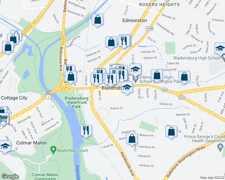 map of restaurants, bars, coffee shops, grocery stores, and more near 4901 Annapolis Road in Bladensburg