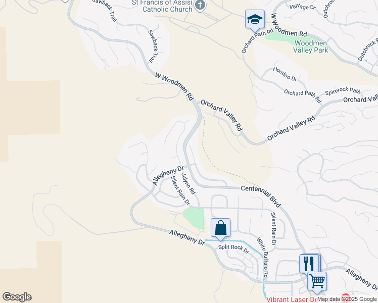 map of restaurants, bars, coffee shops, grocery stores, and more near 7436 Centennial Glen Drive in Colorado Springs