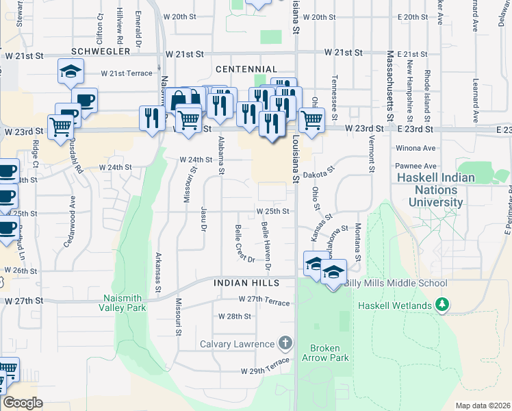 map of restaurants, bars, coffee shops, grocery stores, and more near 703 West 25th Street in Lawrence