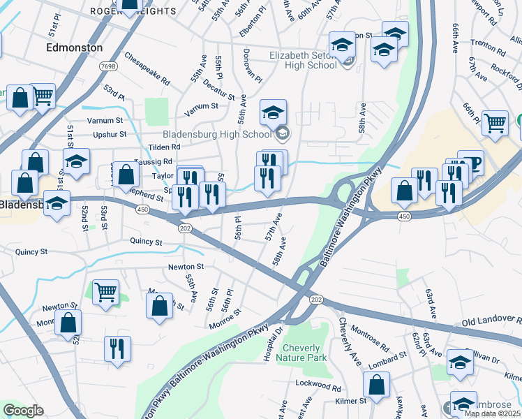 map of restaurants, bars, coffee shops, grocery stores, and more near 5635 Annapolis Road in Bladensburg