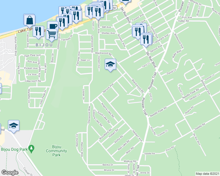 map of restaurants, bars, coffee shops, grocery stores, and more near 3480 Spruce Avenue in South Lake Tahoe