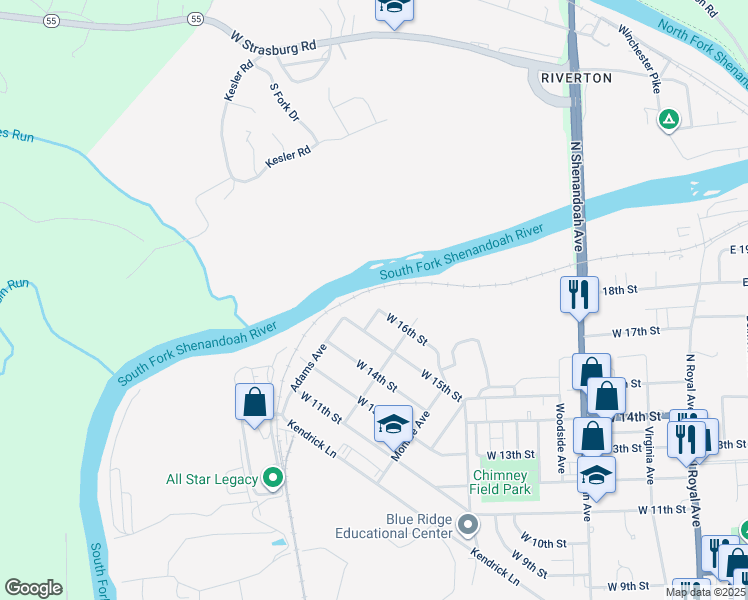 map of restaurants, bars, coffee shops, grocery stores, and more near 1602 Hillcrest Drive in Front Royal