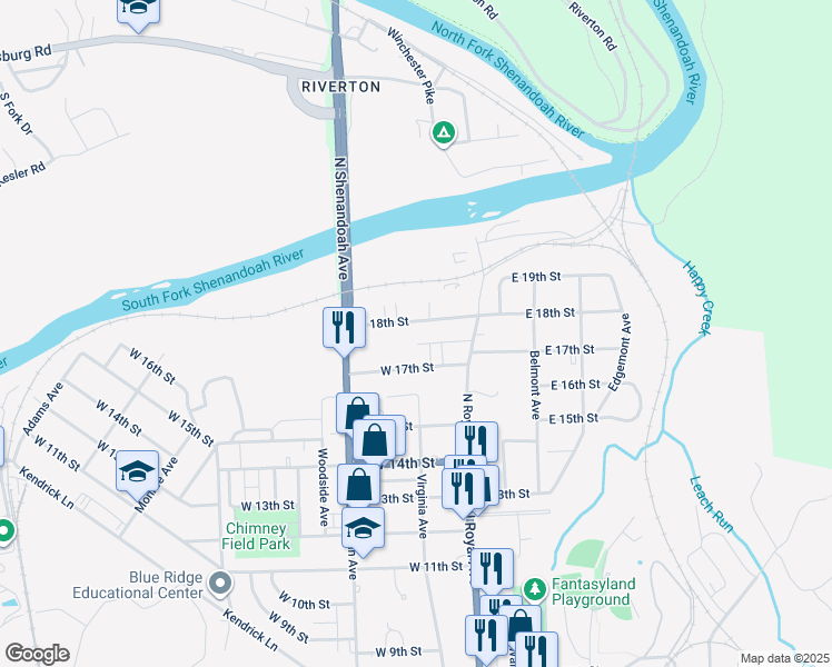 map of restaurants, bars, coffee shops, grocery stores, and more near 104 West 18th Street in Front Royal
