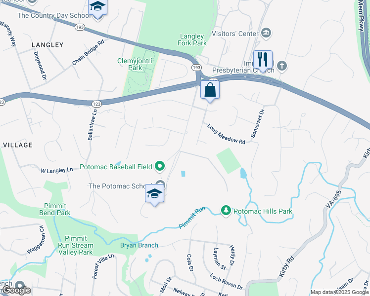 map of restaurants, bars, coffee shops, grocery stores, and more near 1225 Potomac School Rd in McLean