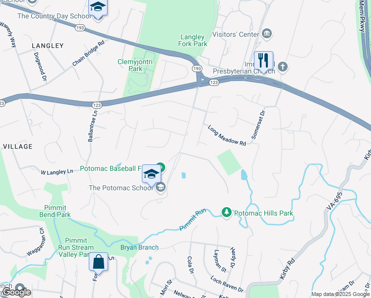 map of restaurants, bars, coffee shops, grocery stores, and more near 1225 Potomac School Road in McLean