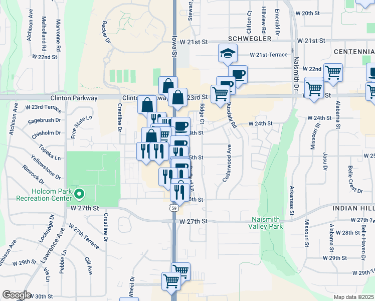 map of restaurants, bars, coffee shops, grocery stores, and more near 1809 West 25th Street in Lawrence