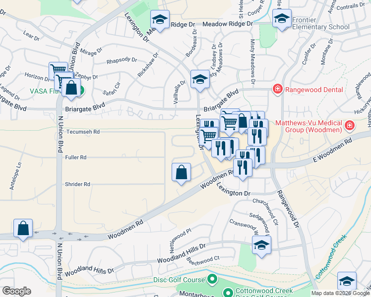 map of restaurants, bars, coffee shops, grocery stores, and more near 7429 Liberty Bell Drive in Colorado Springs