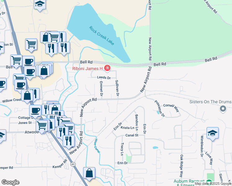 map of restaurants, bars, coffee shops, grocery stores, and more near 2511 Sullivan Drive in Auburn