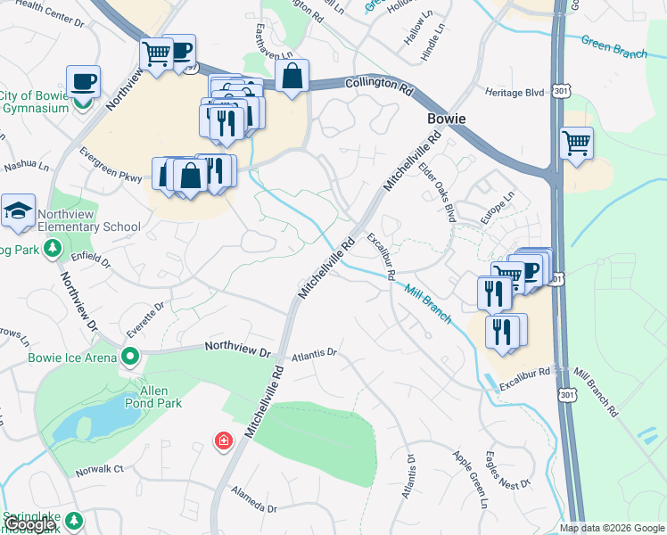 map of restaurants, bars, coffee shops, grocery stores, and more near 16100 Edenwood Drive in Bowie