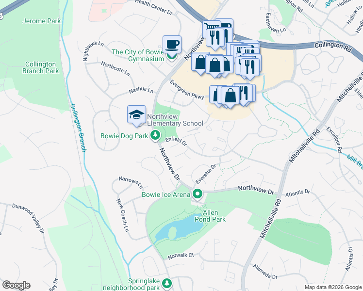 map of restaurants, bars, coffee shops, grocery stores, and more near 3619 Edmond Way in Bowie